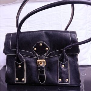 Black Leather Satchel with Gold Accents